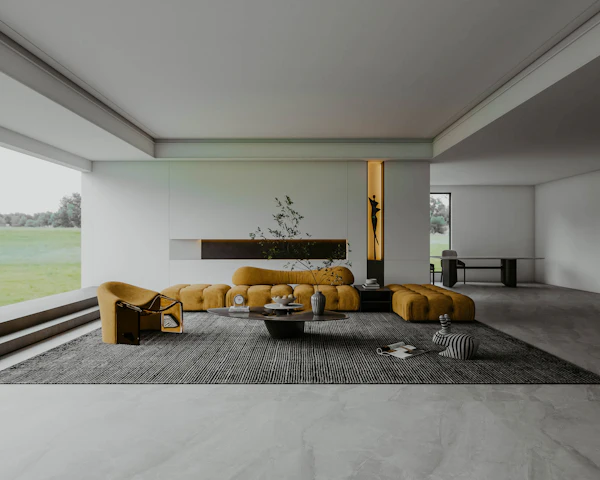Modern apartment living room with large windows