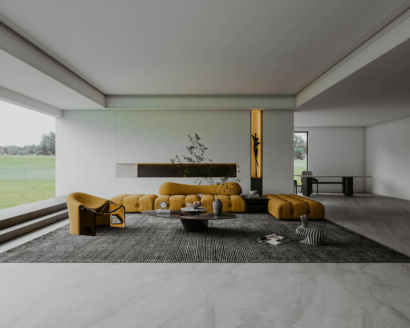Living space with a yellow sofa against a concrete wall