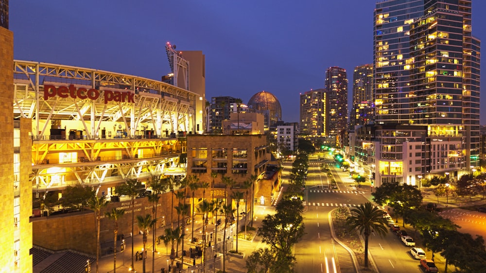 a view of a city street at night