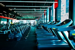 a row of exercise machines in a gym