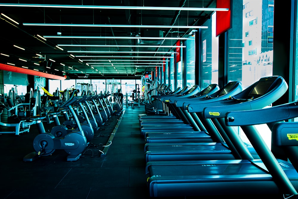 a row of exercise machines in a gym