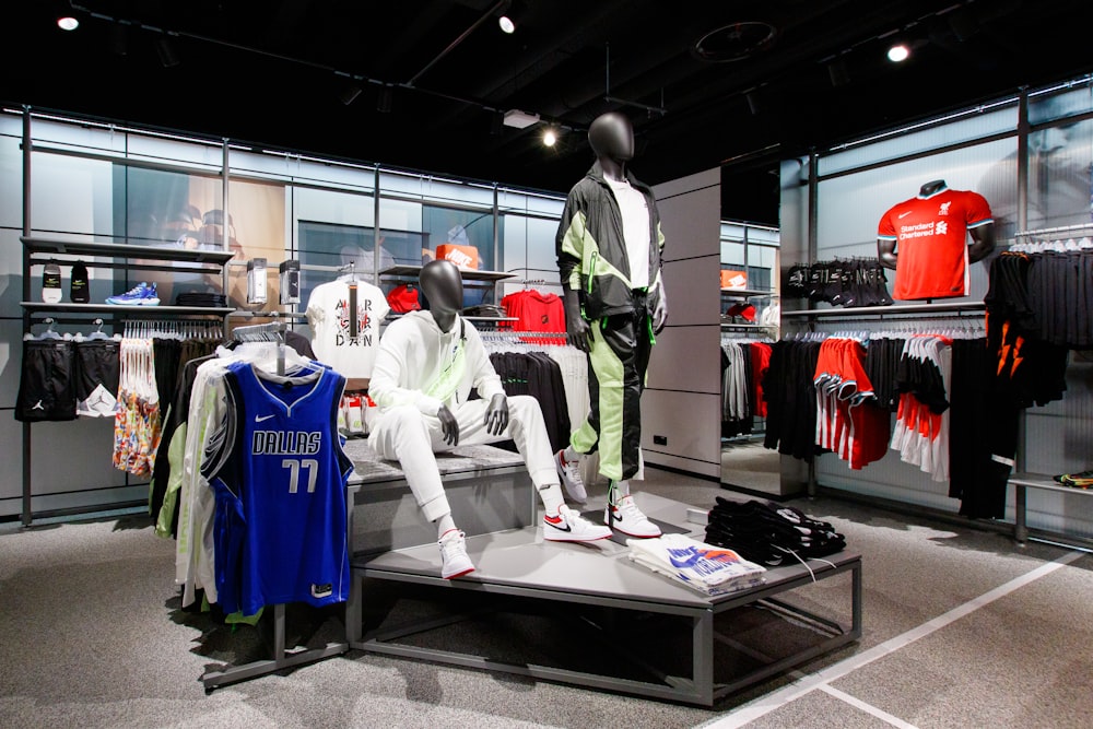 a display of sports jerseys and jerseys in a store
