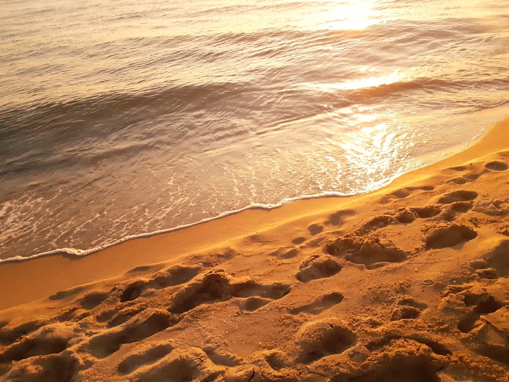 a sandy beach with footprints in the sand