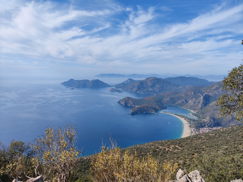 a scenic view of a beach and a body of water