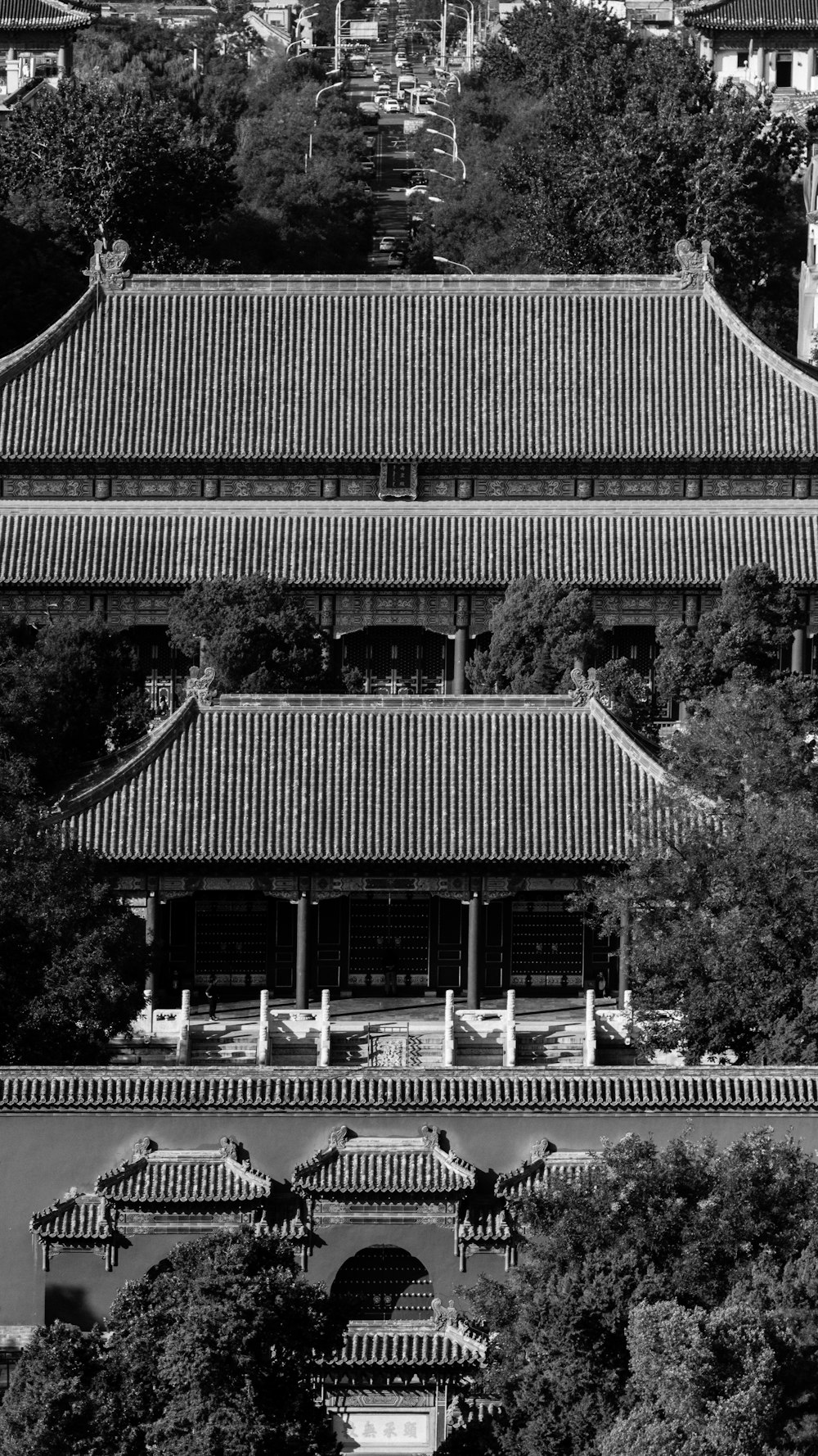 a black and white photo of a chinese building