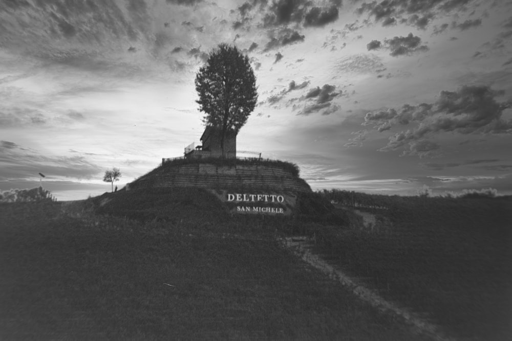 a black and white photo of a tree on top of a hill