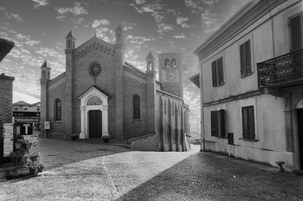 a black and white photo of a church