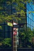 A street sign with multiple directional arrows in different languages stands amidst lush green foliage. The background features a modern building with reflective glass windows. Sunlight highlights the vibrant greens of the plants surrounding the sign.