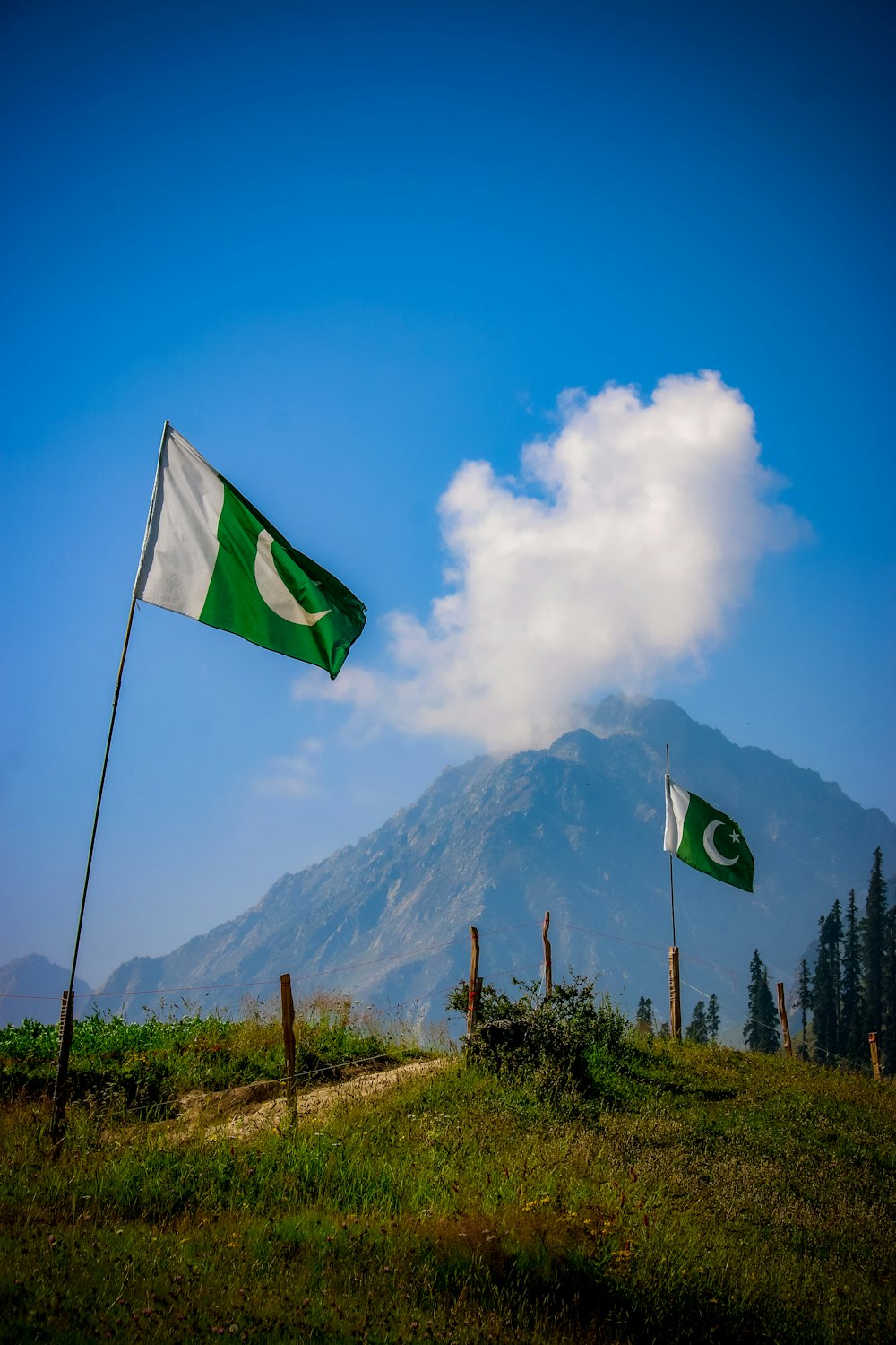 two flags flying in front of a mountain