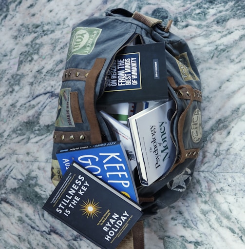 a backpack filled with books and other items