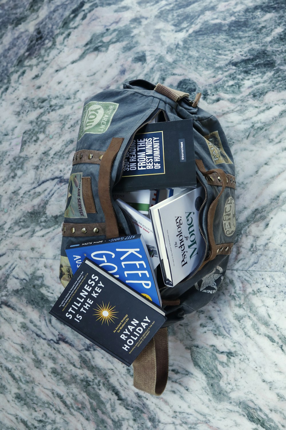 a backpack filled with books and other items