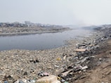 a large amount of trash is on the shore of a river