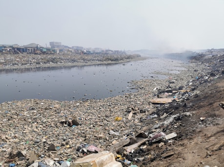 a large amount of trash is on the shore of a river