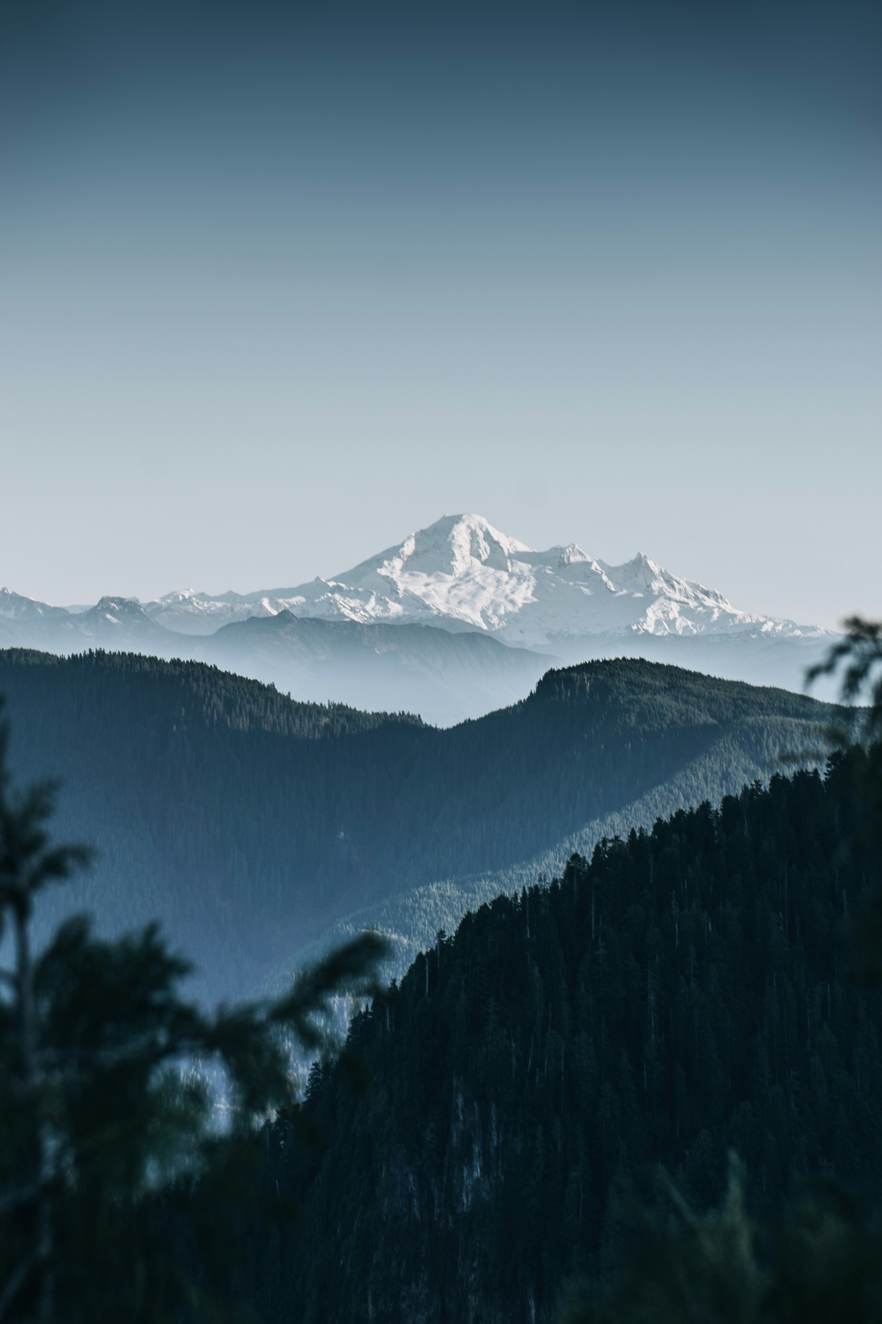 a view of a mountain range with trees in the foreground
