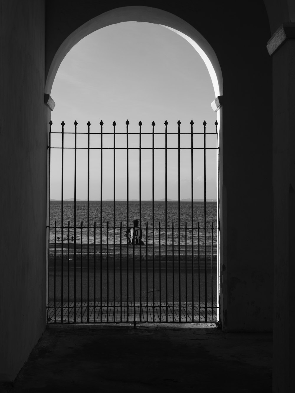 a black and white photo of a person standing in front of a gate