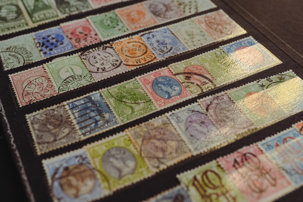a collection of stamps on a table