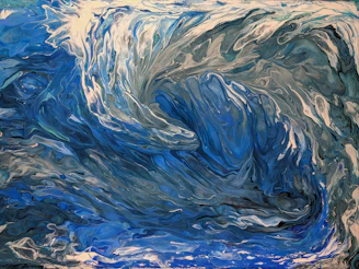 A dynamic swirl of blue and sea blue hues twisting like ocean currents under a bright lemon green sky.