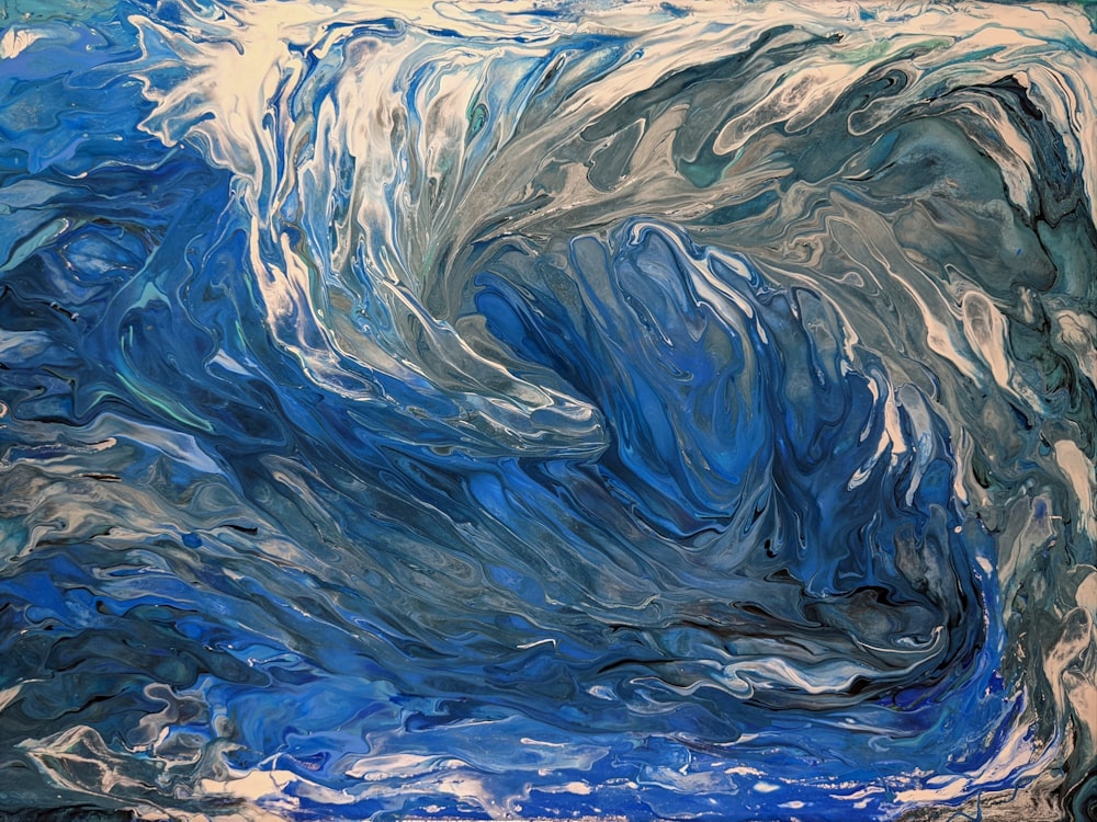 a painting of a blue and white wave