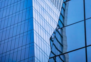 Abstract city skyline viewed through glass windows