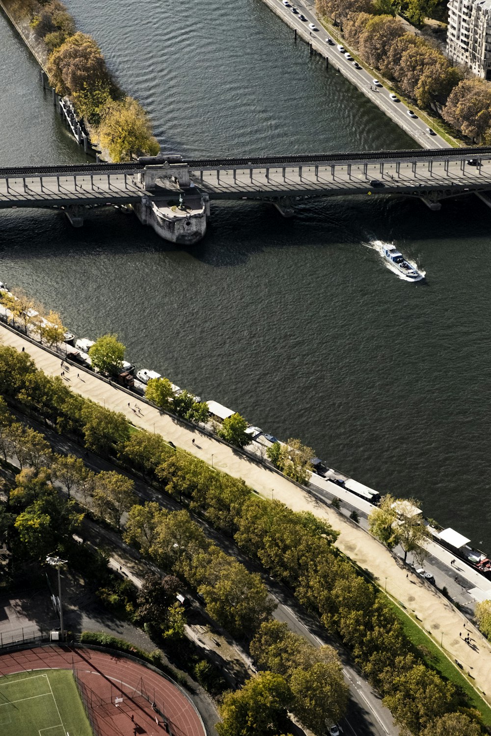 an aerial view of a bridge over a river