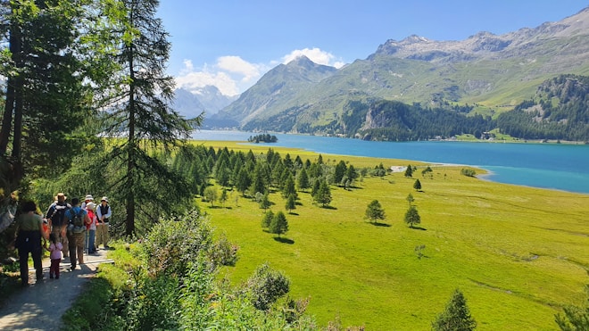 A scenic landscape with lush green fields, scattered trees, and a winding path along which a group of hikers walk. The backdrop features a large tranquil lake bordered by forested hills and distant mountains under a clear blue sky.