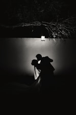 An elegant, shadowed silhouette of a couple sharing a quiet, tender moment in a softly lit room.