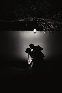 Charcoal-hued silhouette of a couple sharing a quiet moment under a sprawling banyan tree at sunset.