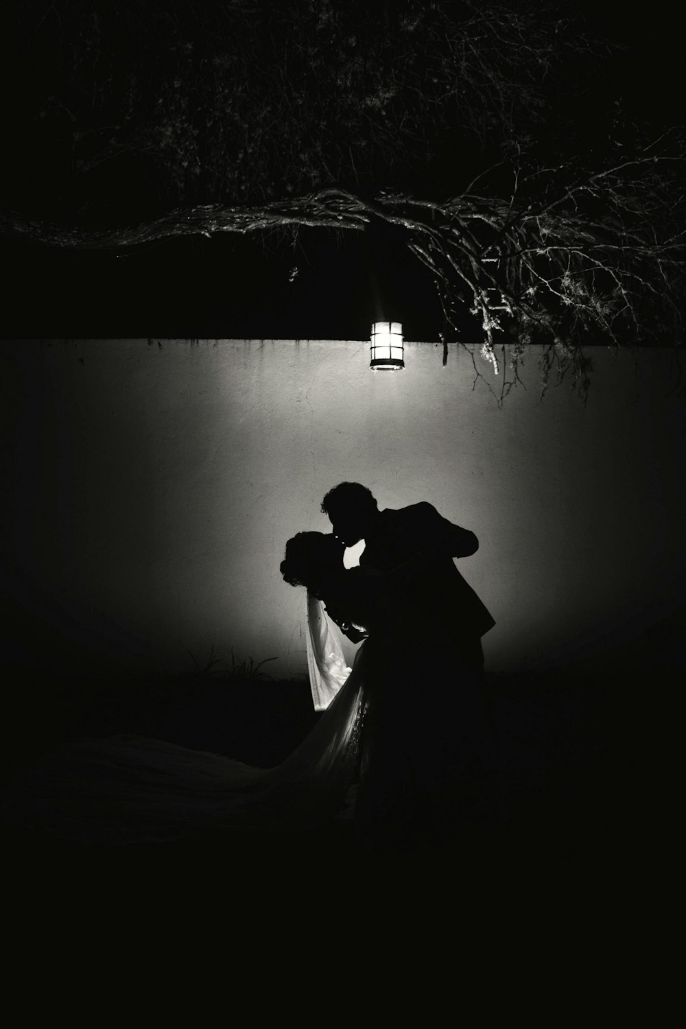 a bride and groom kissing under a tree at night