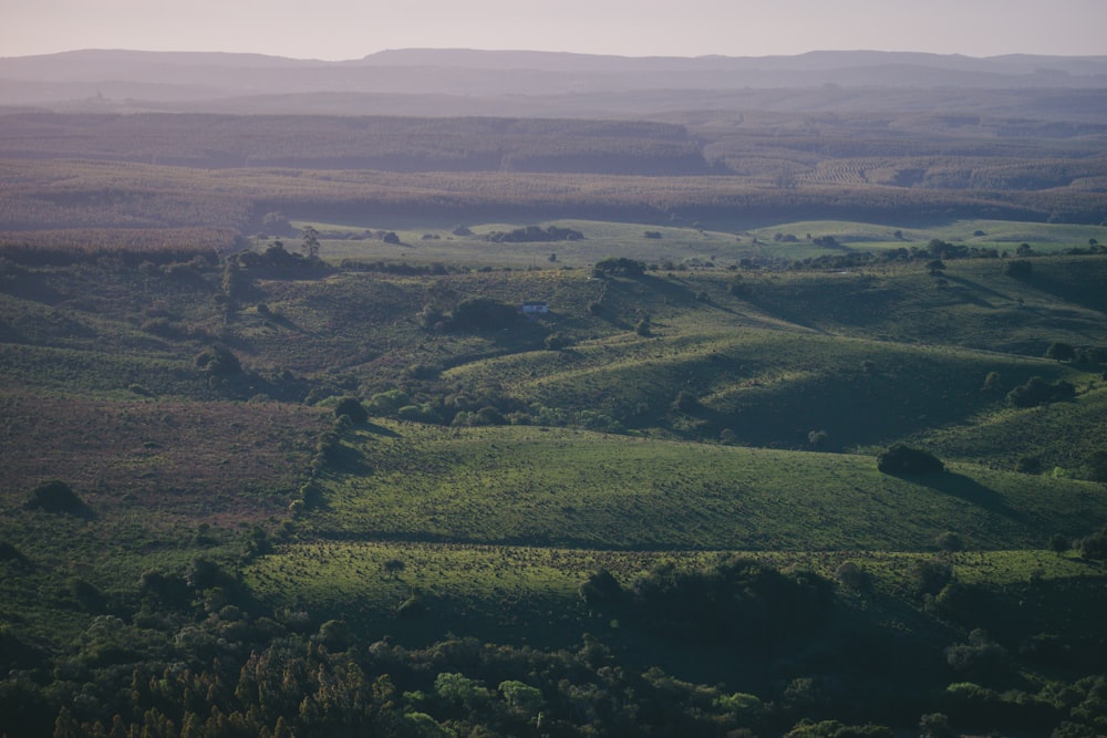 an aerial view of a hilly area with trees