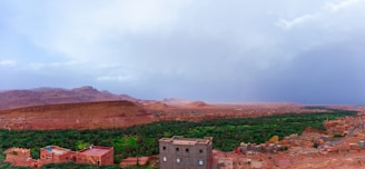 an aerial view of a city with mountains in the background