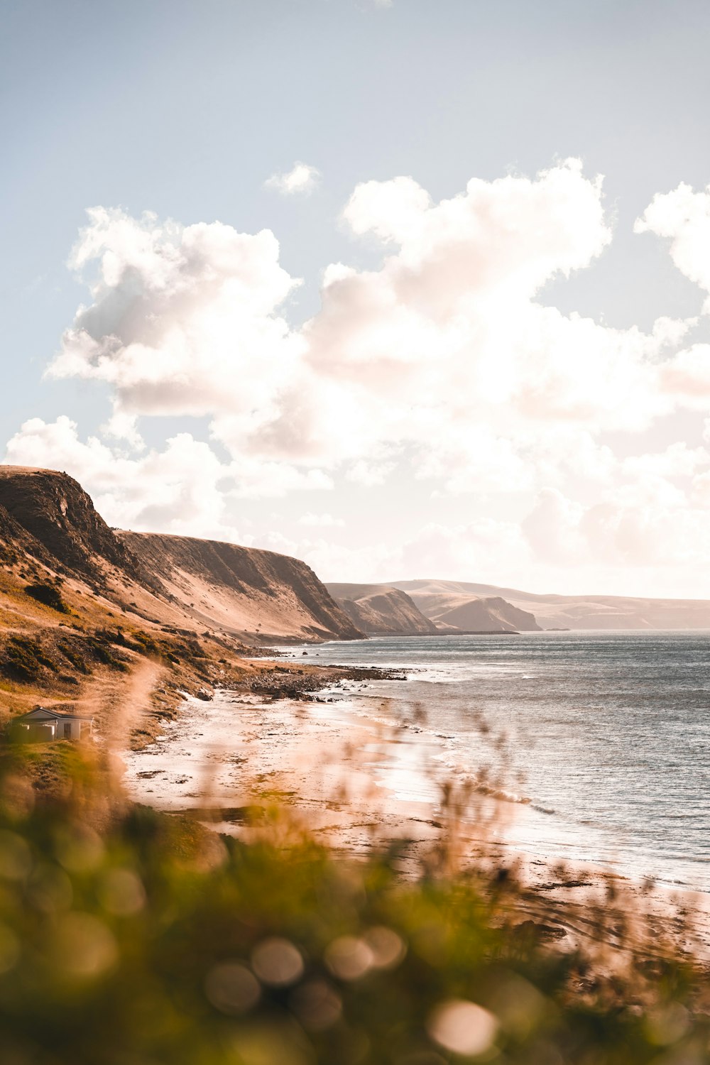 a body of water sitting next to a lush green hillside