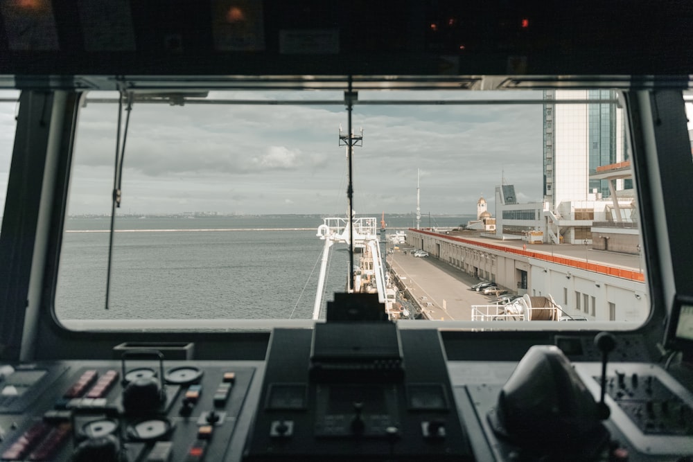 a view of the ocean from inside a ship