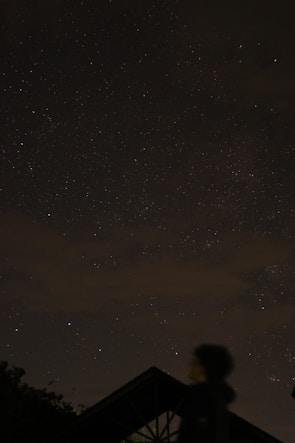 A night sky filled with numerous stars, with a dimly lit foreground showing a blurry silhouette of a person and the outline of a structure. The scene conveys a quiet and serene atmosphere, with the vastness of the universe apparent overhead.