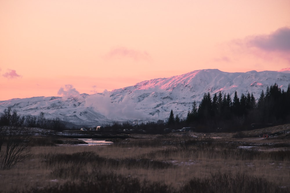 a snow covered mountain is in the distance