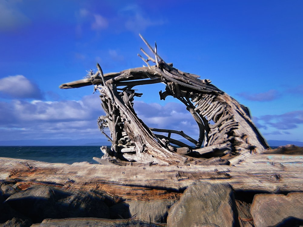 a wooden structure sitting on top of a rocky beach