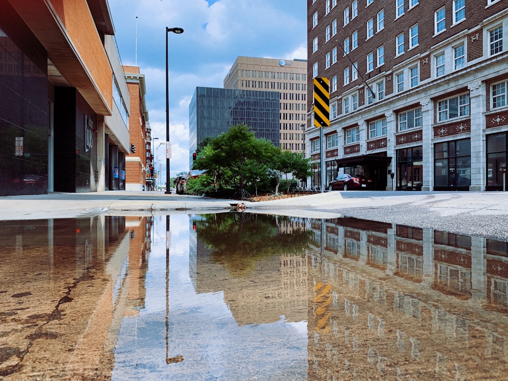 Un reflejo de un edificio en un charco de agua