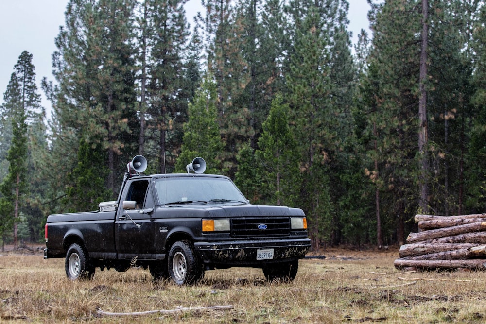 a black truck parked in a field next to a pile of logs