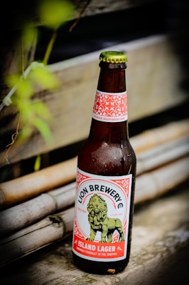A brown beer bottle labeled 'Lion Brewery Co' with an image of a lion. The bottle is placed on a wooden surface with a bamboo backdrop. The label features a red and white design with the words 'Island Lager' highlighted.