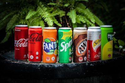 A lineup of various soda cans placed on a dark surface with green foliage in the background. The cans include Coca-Cola, Fanta, Sprite, A&W, and Schweppes among others, each displaying vibrant branding and distinct color schemes.