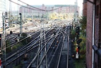 a view of a train yard from a high point of view