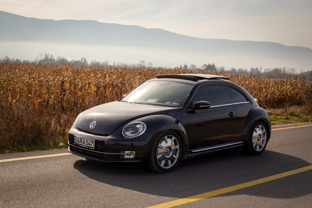 a black volkswagen beetle parked on the side of the road