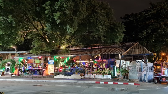 An outdoor restaurant or cafe is illuminated with colorful lighting, surrounded by lush trees and greenery. There are tables and chairs set up for dining on the patio, with some decorative elements like lights and signage. A street with a curb is visible in the foreground, while the building has a rustic, open-air design.
