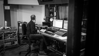 a man sitting at a desk in a recording studio