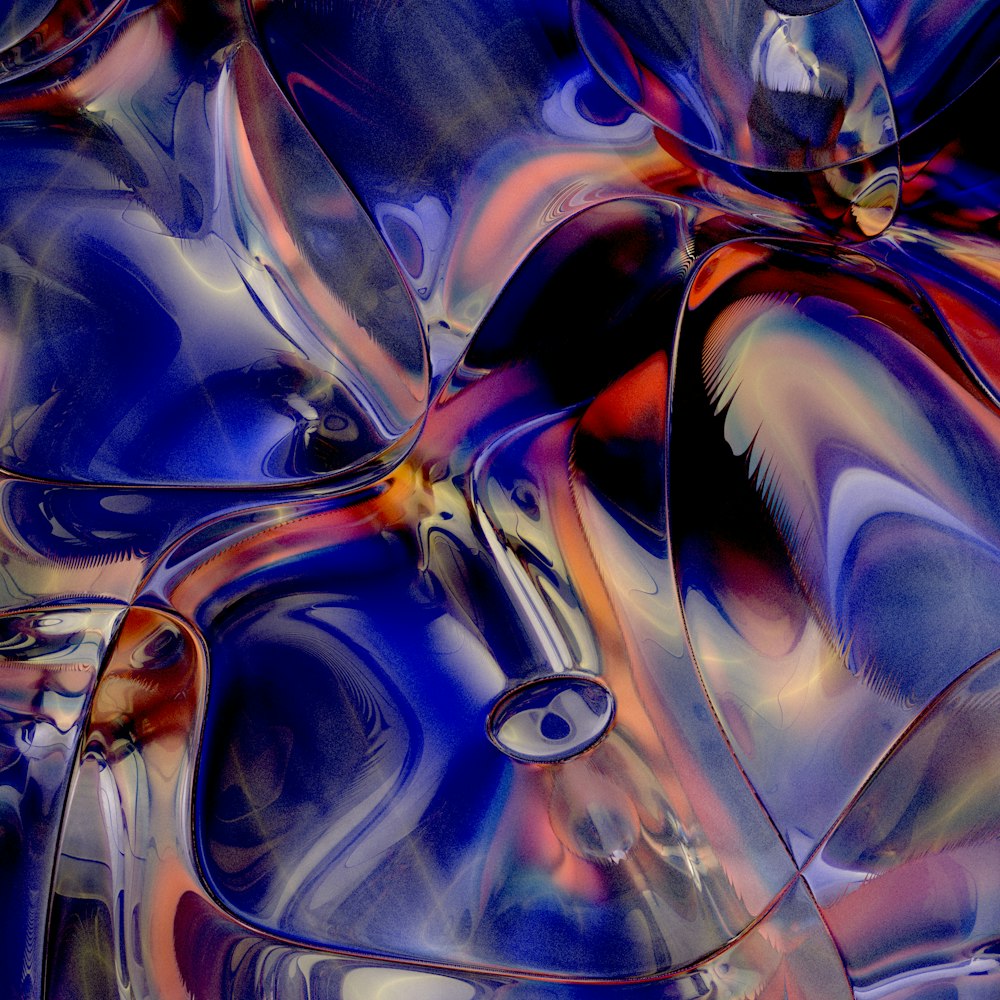 a close up of a blue and red abstract painting
