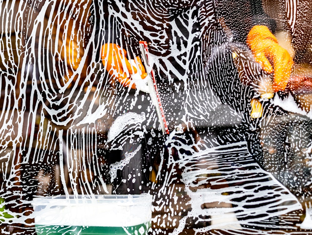 a close up of a window with a zebra pattern