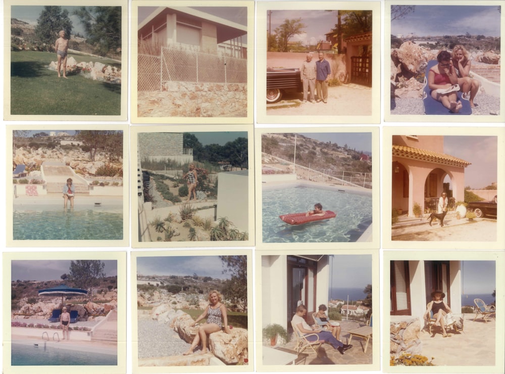 a collage of photos of people sitting around a pool