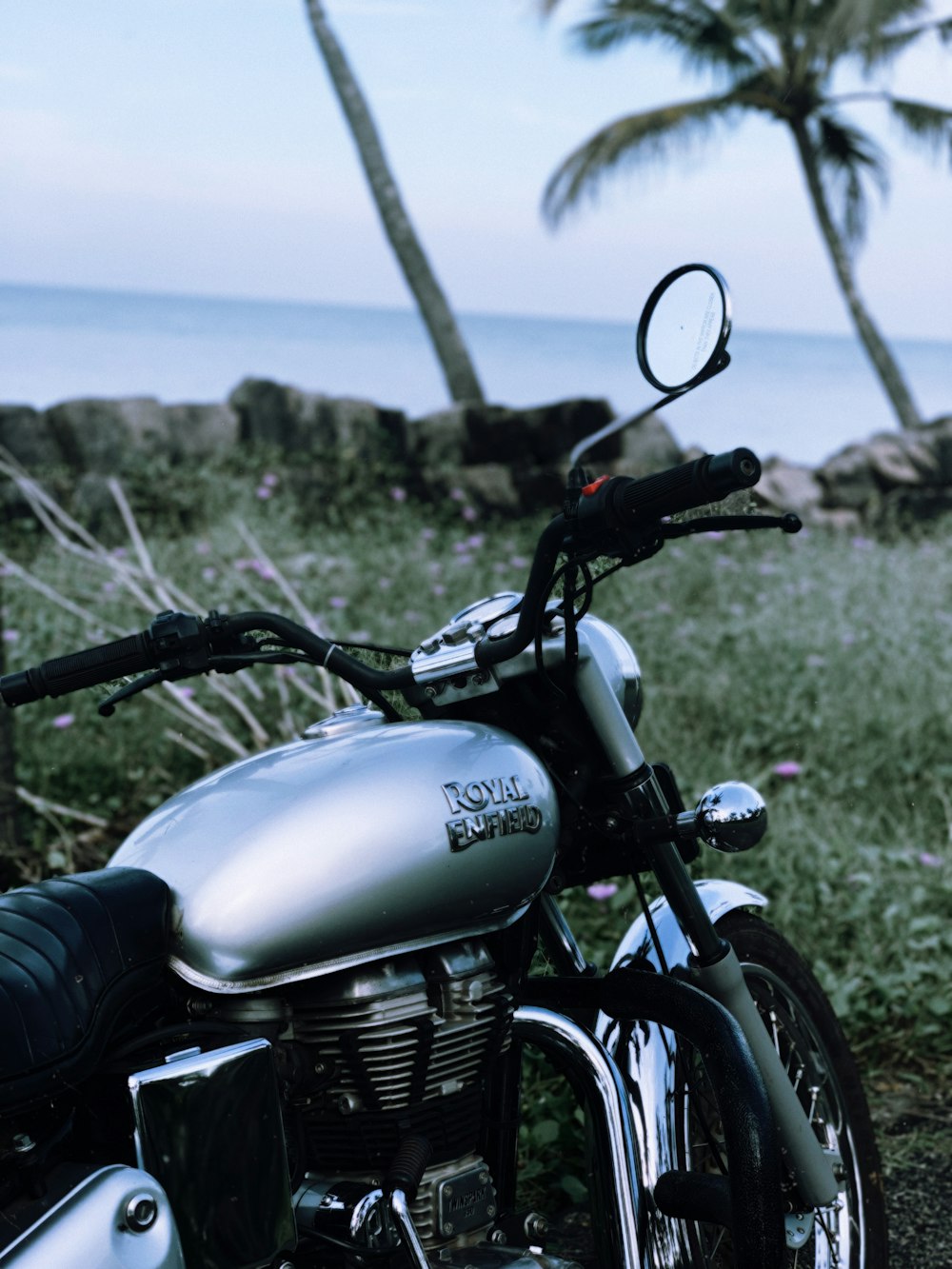 a motorcycle parked on the side of a road