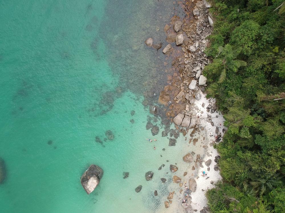 an aerial view of a beach with a boat in the water