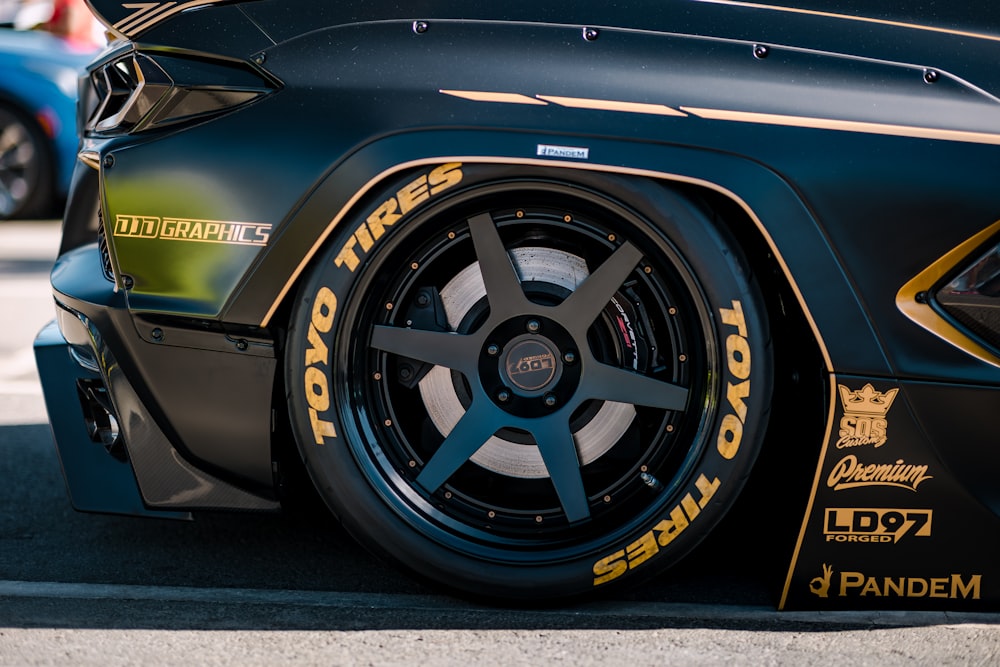 a close up of the front wheels of a sports car