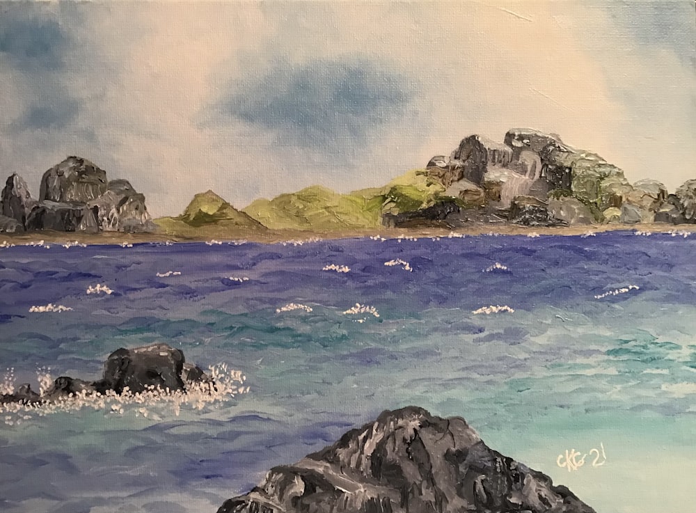 uma pintura de algumas rochas na água